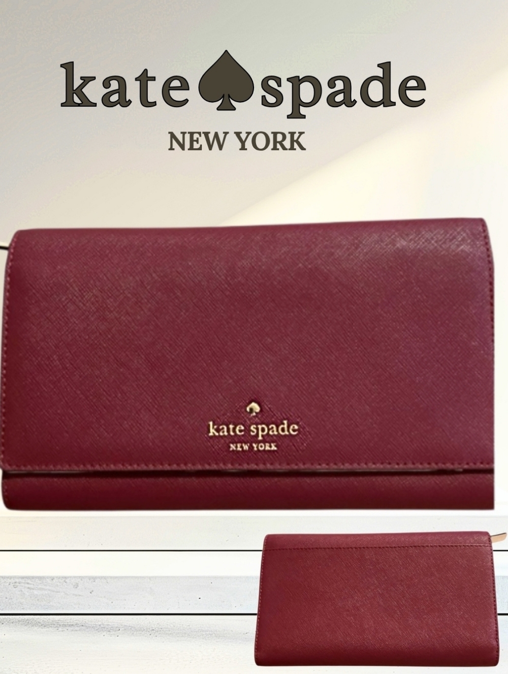 Kate Spade Deep Plum Large Trifold Continental Wallet with Gold Logo New